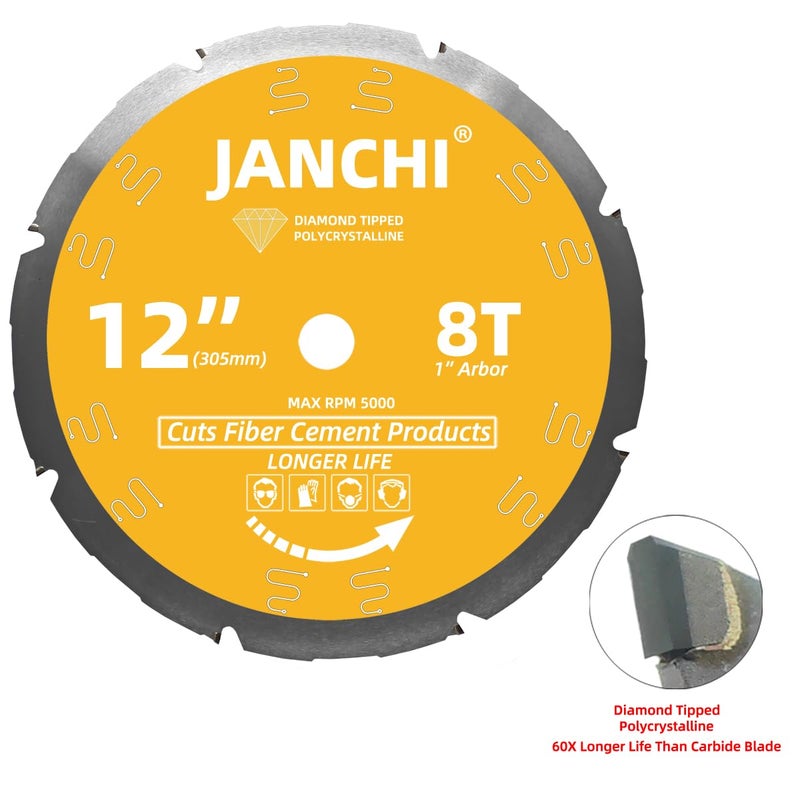 Jianchi 12-Inch 8T PCD Tip Hardie Fiber Cement Saw Blade with 1-Inch DMK Arbor, Polycrystalline Diamond Tipped Teeth Saw Blade for Laminate Flooring - Image 3